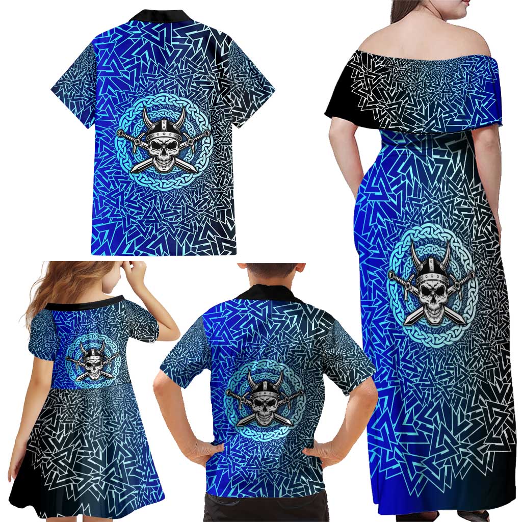 Viking Skull Family Matching Off Shoulder Maxi Dress and Hawaiian Shirt with Horned Helmet and Swords Nordic Warrior Tribute - Wonder Print Shop