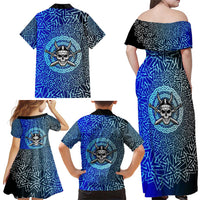 Viking Skull Family Matching Off Shoulder Maxi Dress and Hawaiian Shirt with Horned Helmet and Swords Nordic Warrior Tribute - Wonder Print Shop