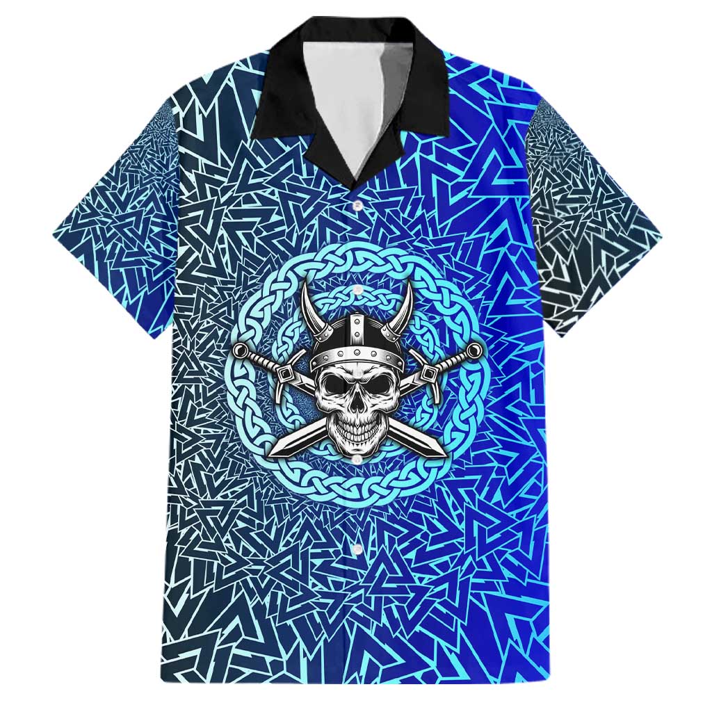 Viking Skull Family Matching Off Shoulder Maxi Dress and Hawaiian Shirt with Horned Helmet and Swords Nordic Warrior Tribute - Wonder Print Shop