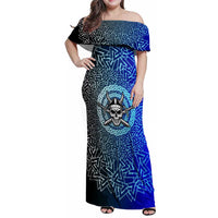 Viking Skull Family Matching Off Shoulder Maxi Dress and Hawaiian Shirt with Horned Helmet and Swords Nordic Warrior Tribute - Wonder Print Shop
