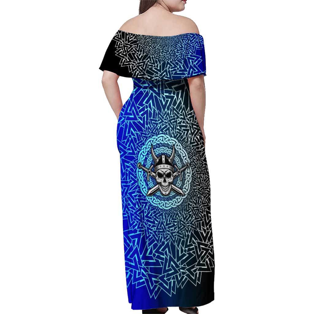 Viking Skull Family Matching Off Shoulder Maxi Dress and Hawaiian Shirt with Horned Helmet and Swords Nordic Warrior Tribute - Wonder Print Shop