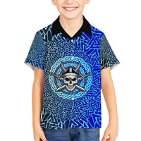 Viking Skull Family Matching Off Shoulder Maxi Dress and Hawaiian Shirt with Horned Helmet and Swords Nordic Warrior Tribute - Wonder Print Shop