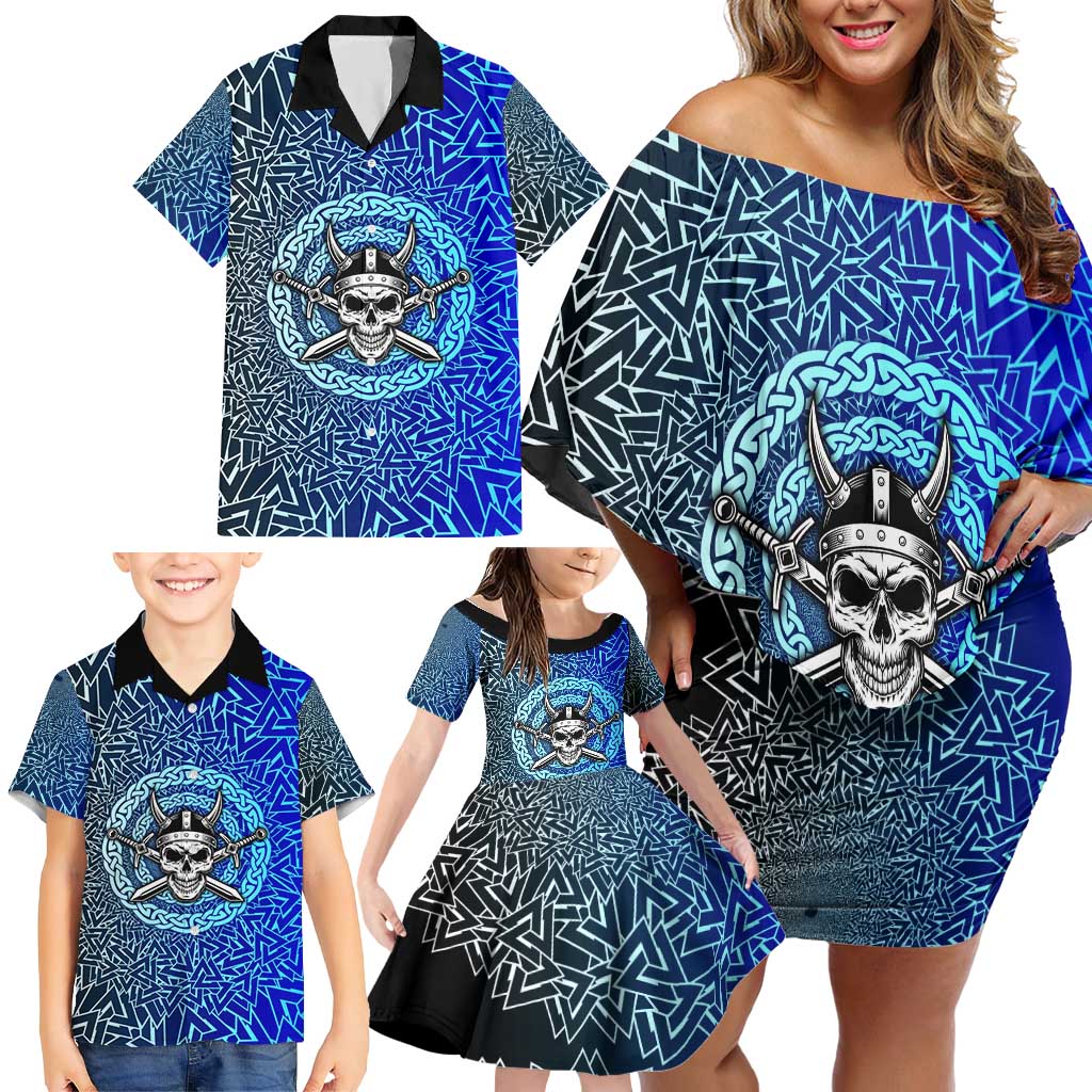 Viking Skull Family Matching Off Shoulder Short Dress and Hawaiian Shirt with Horned Helmet and Swords Nordic Warrior Tribute - Wonder Print Shop