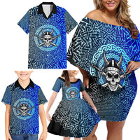 Viking Skull Family Matching Off Shoulder Short Dress and Hawaiian Shirt with Horned Helmet and Swords Nordic Warrior Tribute - Wonder Print Shop