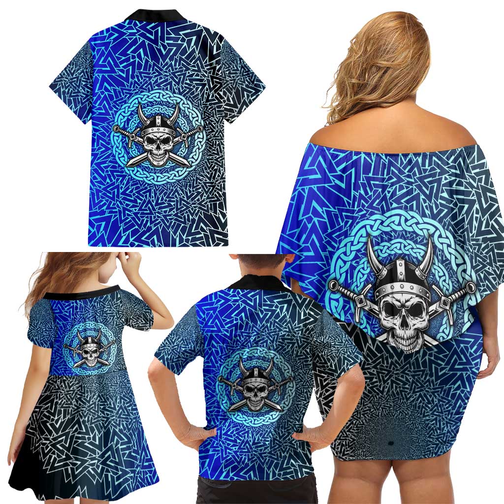 Viking Skull Family Matching Off Shoulder Short Dress and Hawaiian Shirt with Horned Helmet and Swords Nordic Warrior Tribute - Wonder Print Shop
