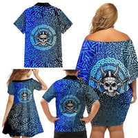 Viking Skull Family Matching Off Shoulder Short Dress and Hawaiian Shirt with Horned Helmet and Swords Nordic Warrior Tribute - Wonder Print Shop