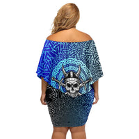 Viking Skull Family Matching Off Shoulder Short Dress and Hawaiian Shirt with Horned Helmet and Swords Nordic Warrior Tribute - Wonder Print Shop