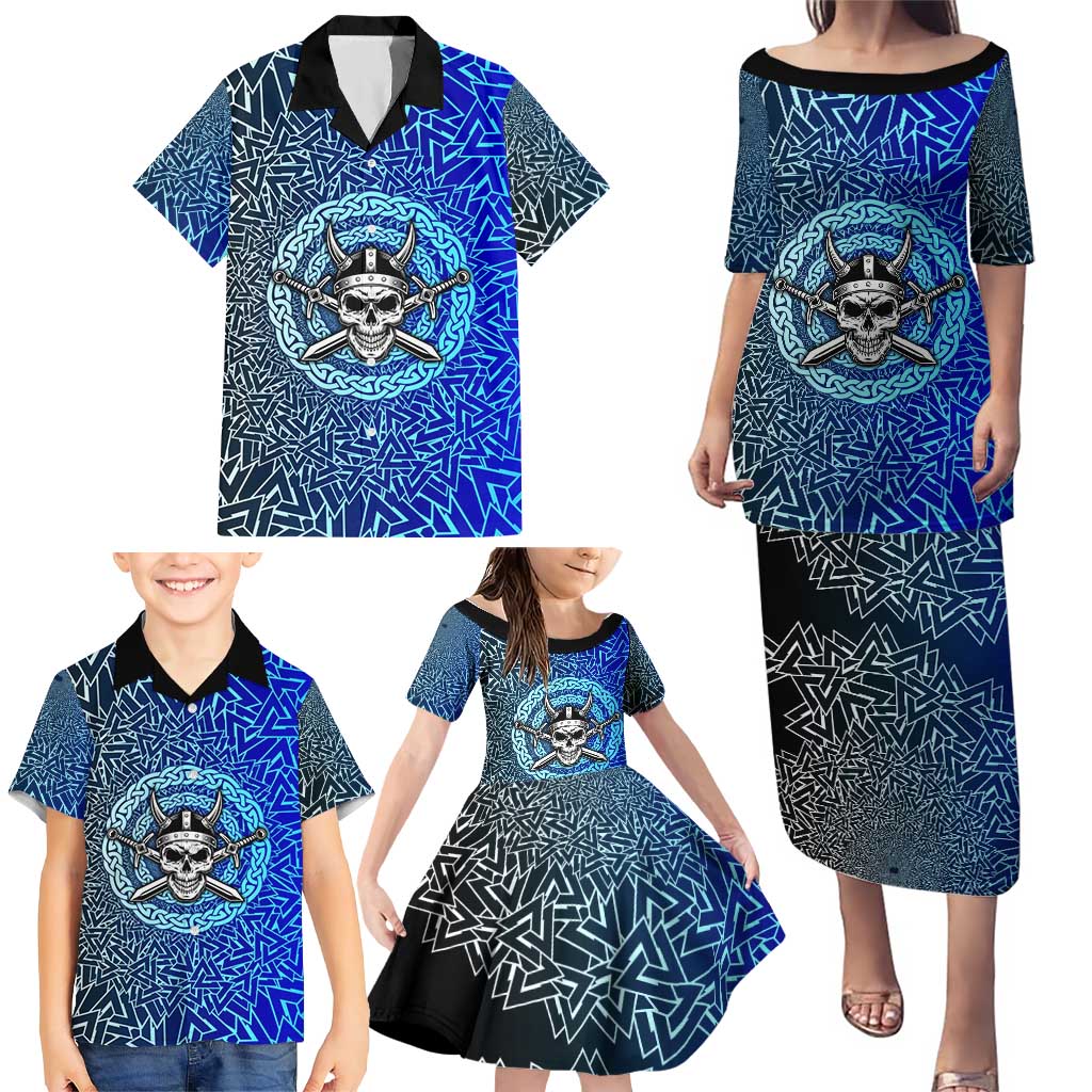 Viking Skull Family Matching Puletasi and Hawaiian Shirt with Horned Helmet and Swords Nordic Warrior Tribute - Wonder Print Shop