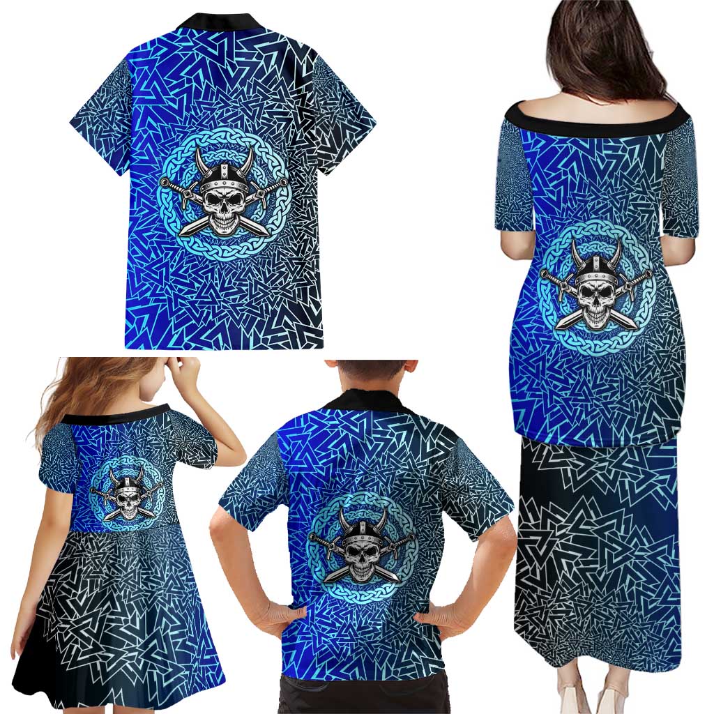 Viking Skull Family Matching Puletasi and Hawaiian Shirt with Horned Helmet and Swords Nordic Warrior Tribute - Wonder Print Shop