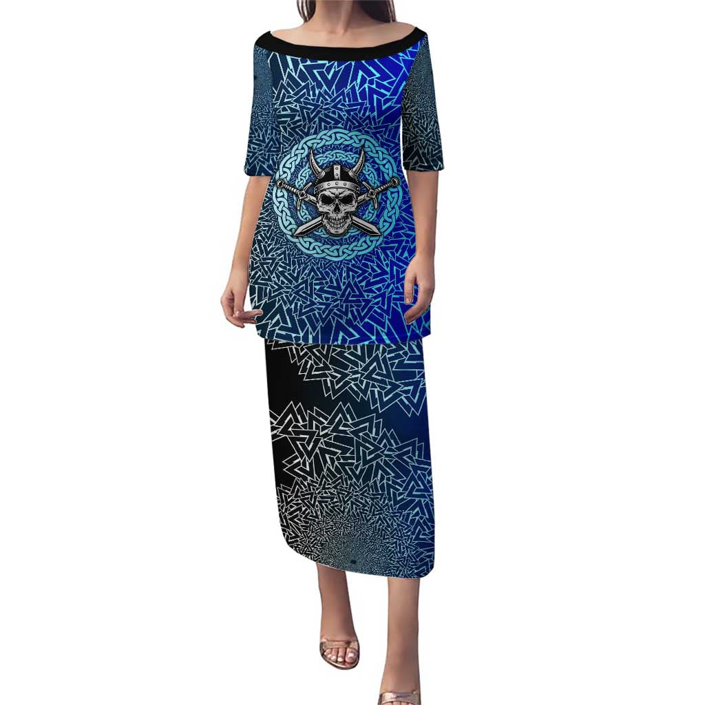 Viking Skull Family Matching Puletasi and Hawaiian Shirt with Horned Helmet and Swords Nordic Warrior Tribute - Wonder Print Shop