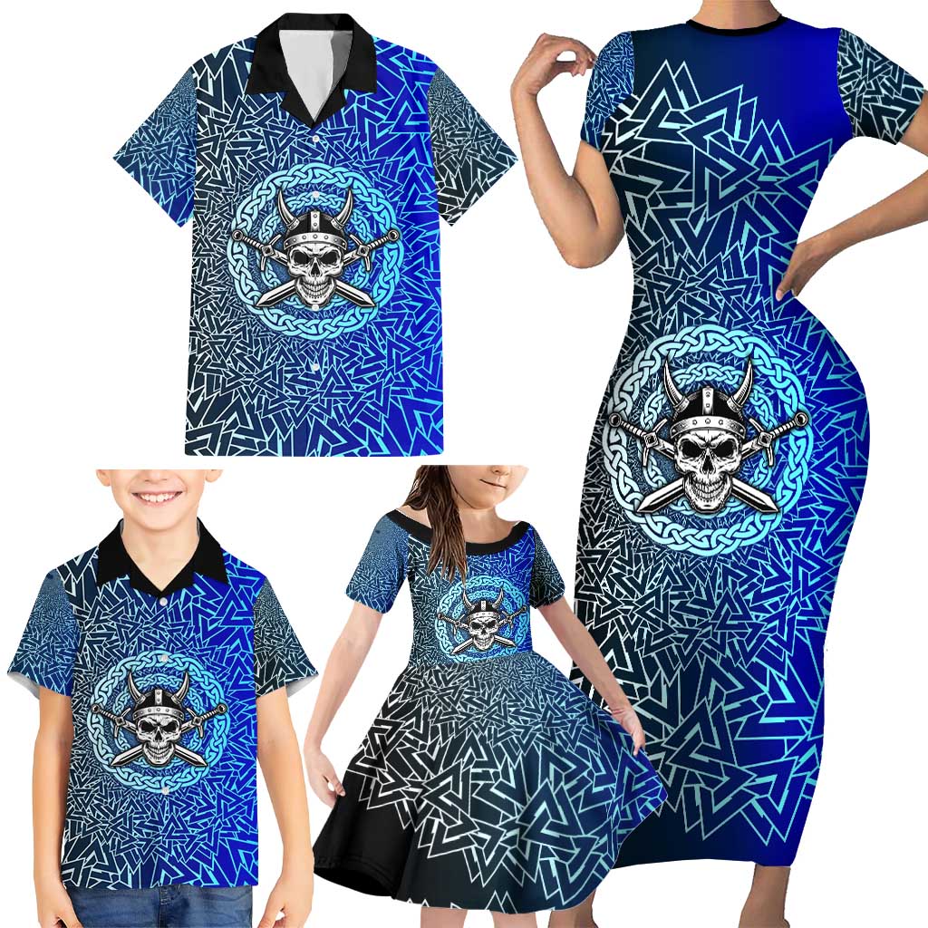 Viking Skull Family Matching Short Sleeve Bodycon Dress and Hawaiian Shirt with Horned Helmet and Swords Nordic Warrior Tribute - Wonder Print Shop
