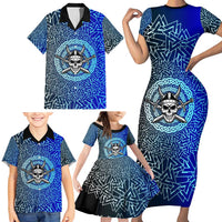 Viking Skull Family Matching Short Sleeve Bodycon Dress and Hawaiian Shirt with Horned Helmet and Swords Nordic Warrior Tribute - Wonder Print Shop