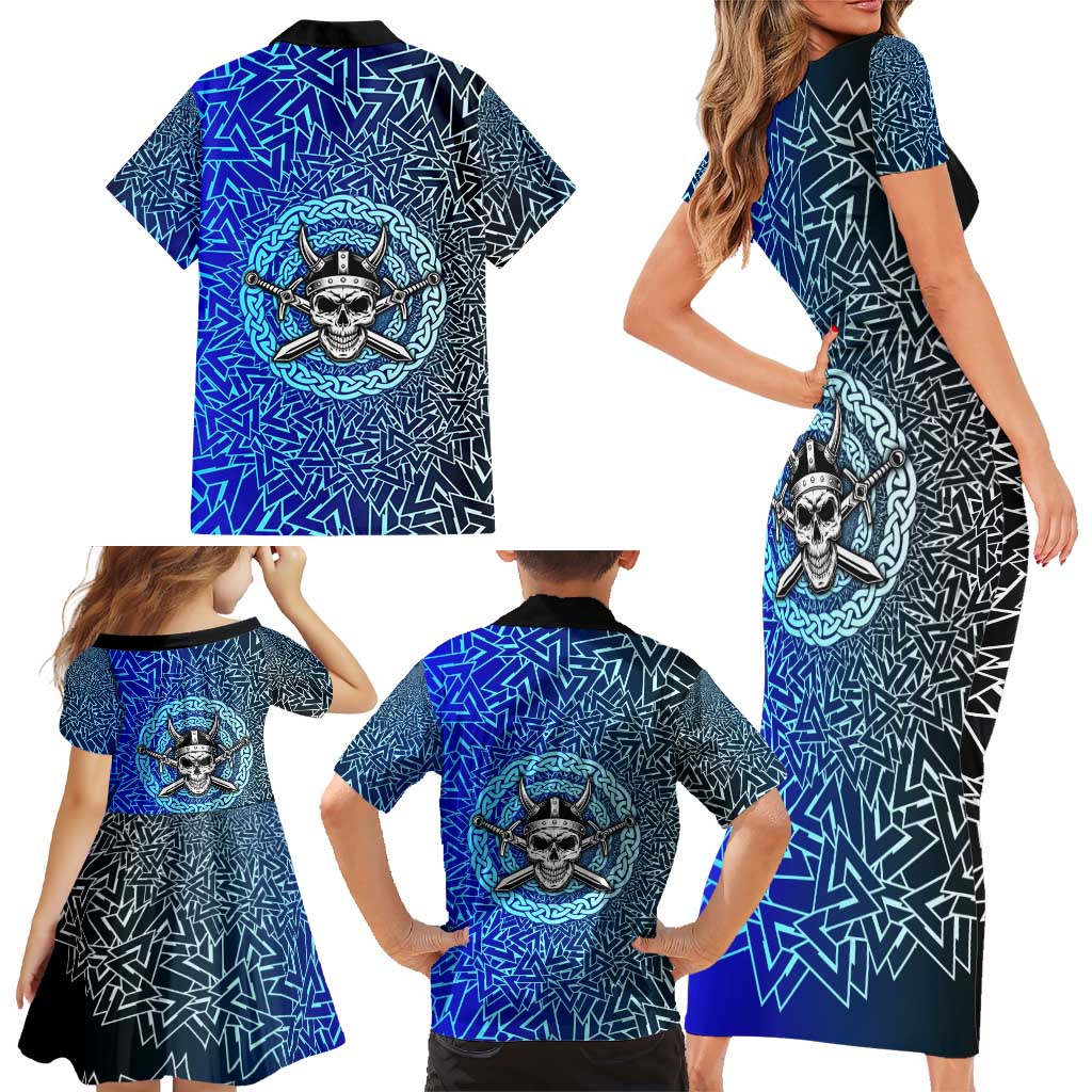 Viking Skull Family Matching Short Sleeve Bodycon Dress and Hawaiian Shirt with Horned Helmet and Swords Nordic Warrior Tribute - Wonder Print Shop