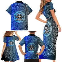 Viking Skull Family Matching Short Sleeve Bodycon Dress and Hawaiian Shirt with Horned Helmet and Swords Nordic Warrior Tribute - Wonder Print Shop