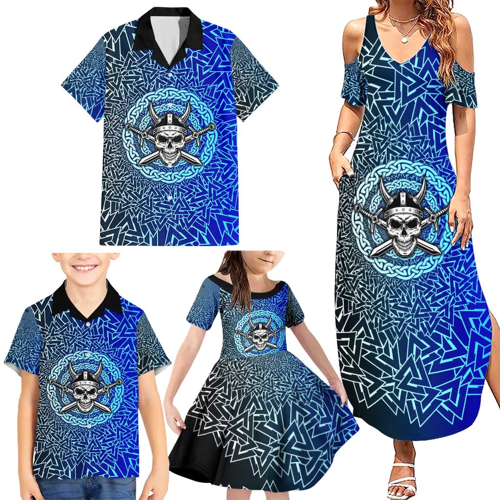 Viking Skull Family Matching Summer Maxi Dress and Hawaiian Shirt with Horned Helmet and Swords Nordic Warrior Tribute - Wonder Print Shop