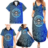 Viking Skull Family Matching Summer Maxi Dress and Hawaiian Shirt with Horned Helmet and Swords Nordic Warrior Tribute - Wonder Print Shop
