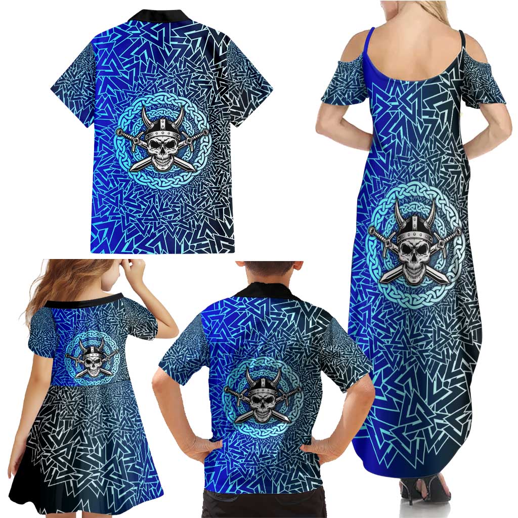 Viking Skull Family Matching Summer Maxi Dress and Hawaiian Shirt with Horned Helmet and Swords Nordic Warrior Tribute - Wonder Print Shop