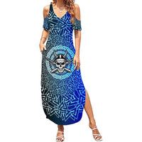 Viking Skull Family Matching Summer Maxi Dress and Hawaiian Shirt with Horned Helmet and Swords Nordic Warrior Tribute - Wonder Print Shop