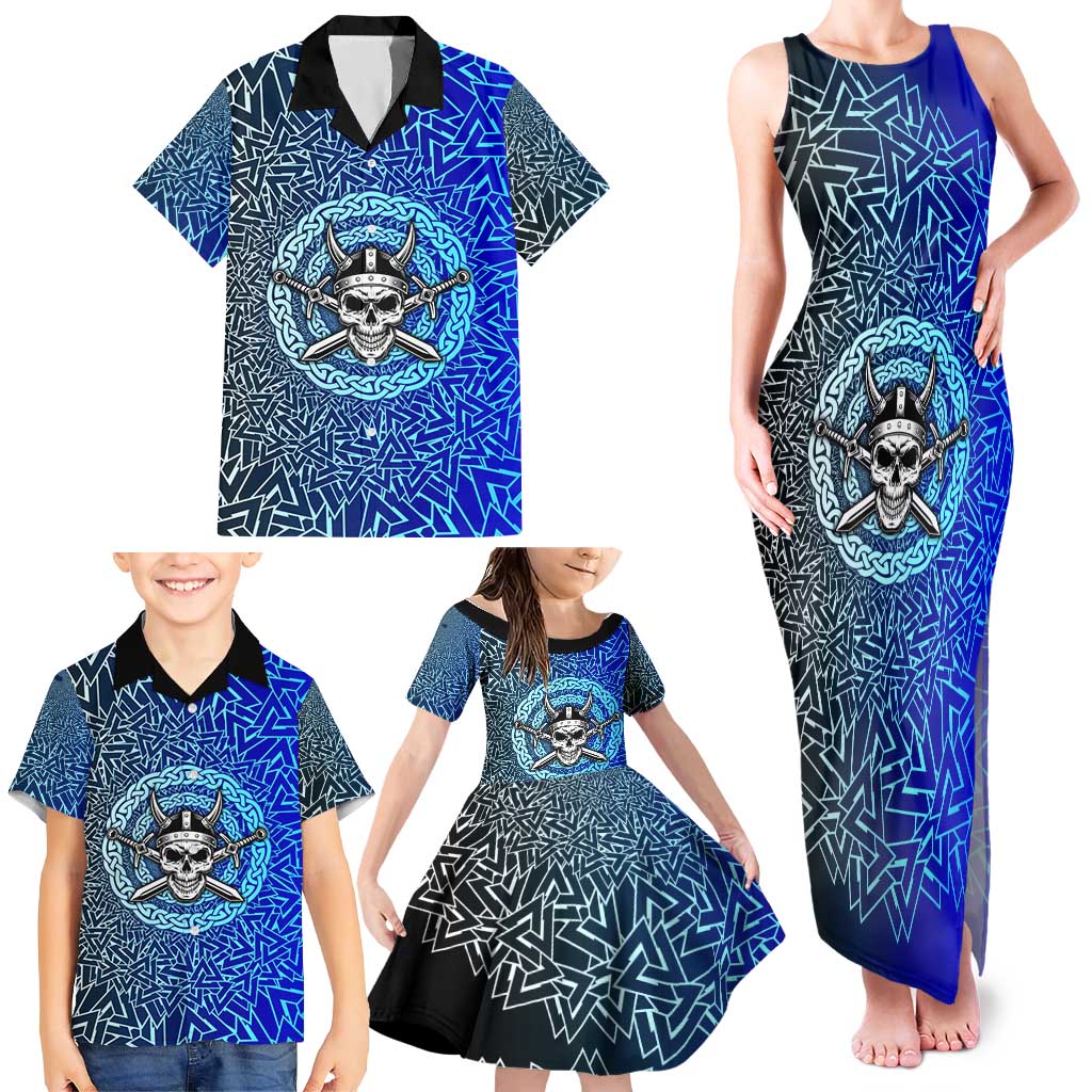 Viking Skull Family Matching Tank Maxi Dress and Hawaiian Shirt with Horned Helmet and Swords Nordic Warrior Tribute - Wonder Print Shop