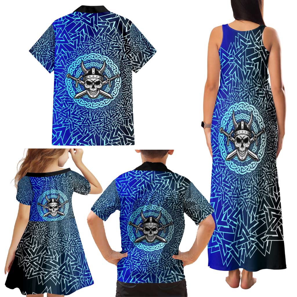 Viking Skull Family Matching Tank Maxi Dress and Hawaiian Shirt with Horned Helmet and Swords Nordic Warrior Tribute - Wonder Print Shop