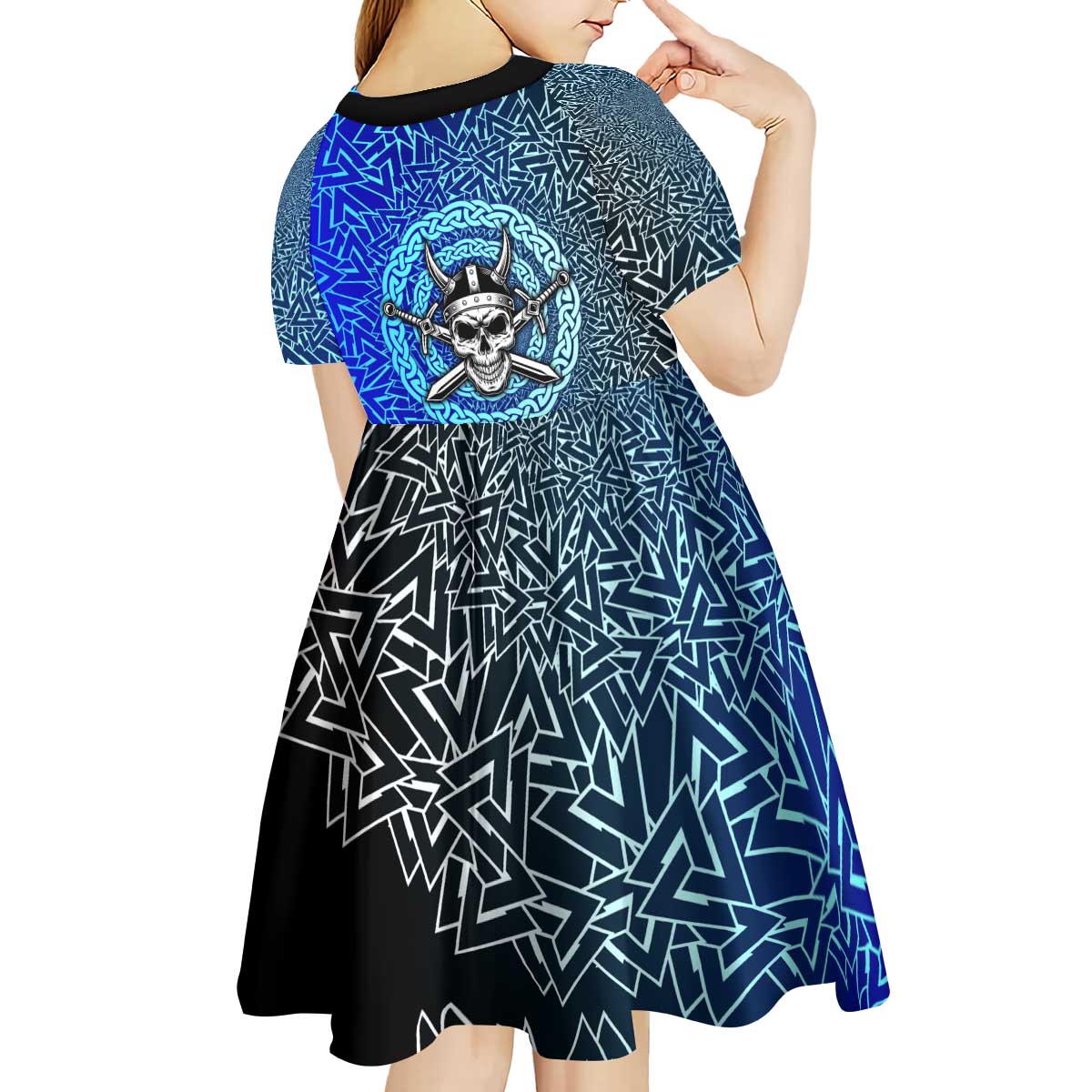 Viking Skull Kid Short Sleeve Dress with Horned Helmet and Swords Nordic Warrior Tribute - Wonder Print Shop