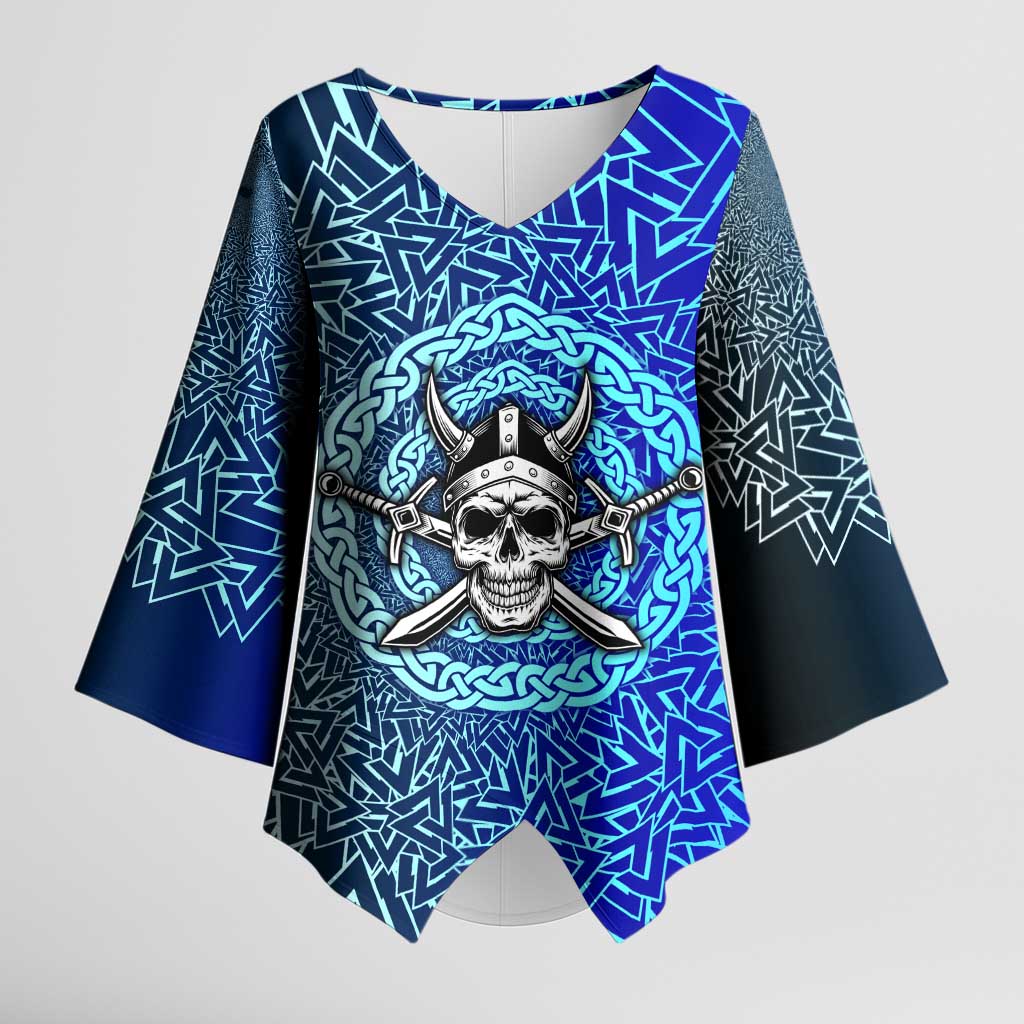 Viking Skull Kimono Sleeve Blouse with Horned Helmet and Swords Nordic Warrior Tribute - Wonder Print Shop
