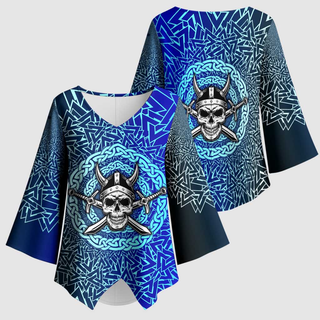 Viking Skull Kimono Sleeve Blouse with Horned Helmet and Swords Nordic Warrior Tribute - Wonder Print Shop