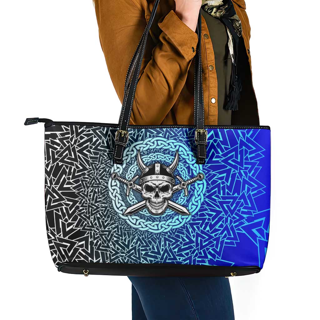 Viking Skull Leather Tote Bag with Horned Helmet and Swords Nordic Warrior Tribute - Wonder Print Shop