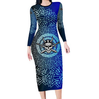 Viking Skull Long Sleeve Bodycon Dress with Horned Helmet and Swords Nordic Warrior Tribute - Wonder Print Shop