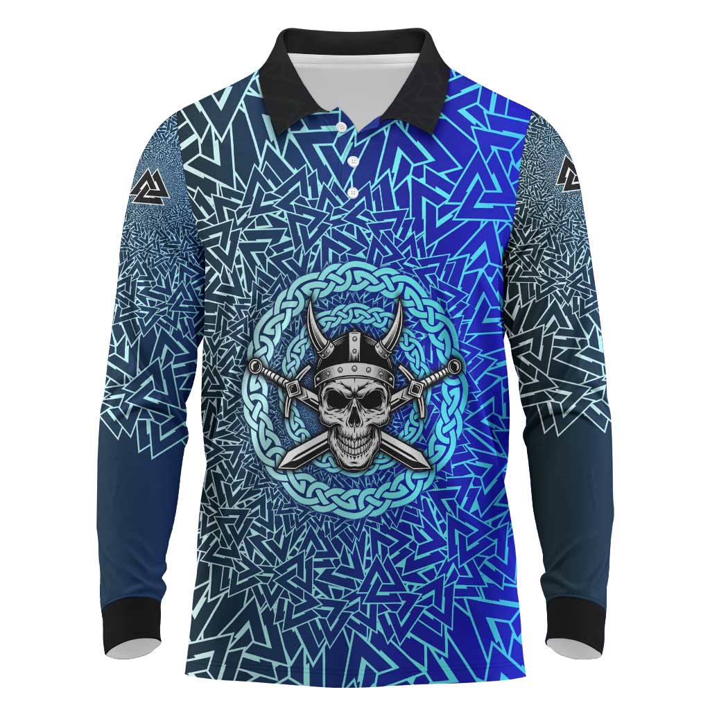 Viking Skull Long Sleeve Polo Shirt with Horned Helmet and Swords Nordic Warrior Tribute - Wonder Print Shop