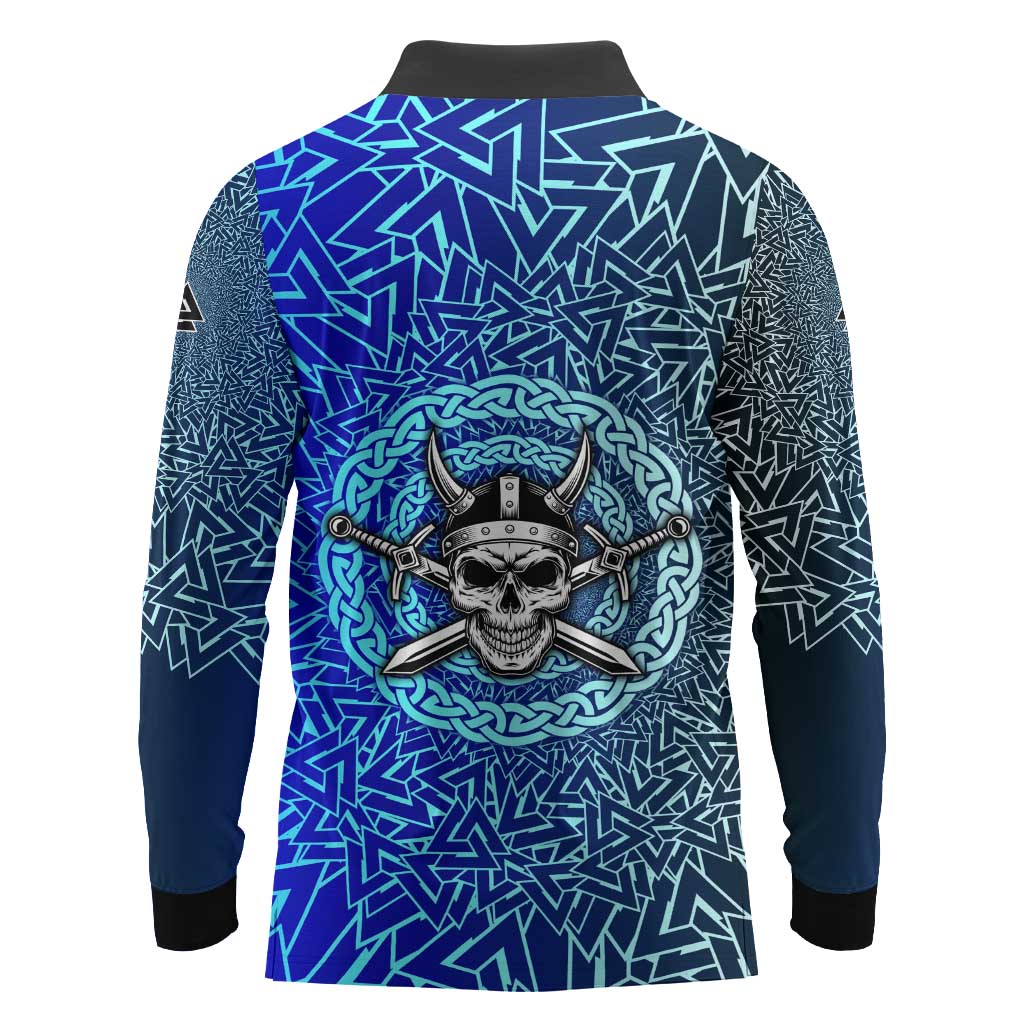 Viking Skull Long Sleeve Polo Shirt with Horned Helmet and Swords Nordic Warrior Tribute - Wonder Print Shop