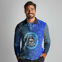 Viking Skull Long Sleeve Polo Shirt with Horned Helmet and Swords Nordic Warrior Tribute - Wonder Print Shop