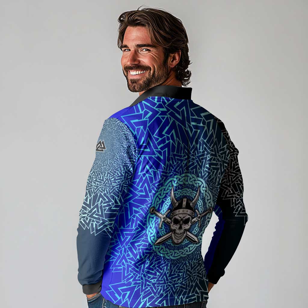 Viking Skull Long Sleeve Polo Shirt with Horned Helmet and Swords Nordic Warrior Tribute - Wonder Print Shop