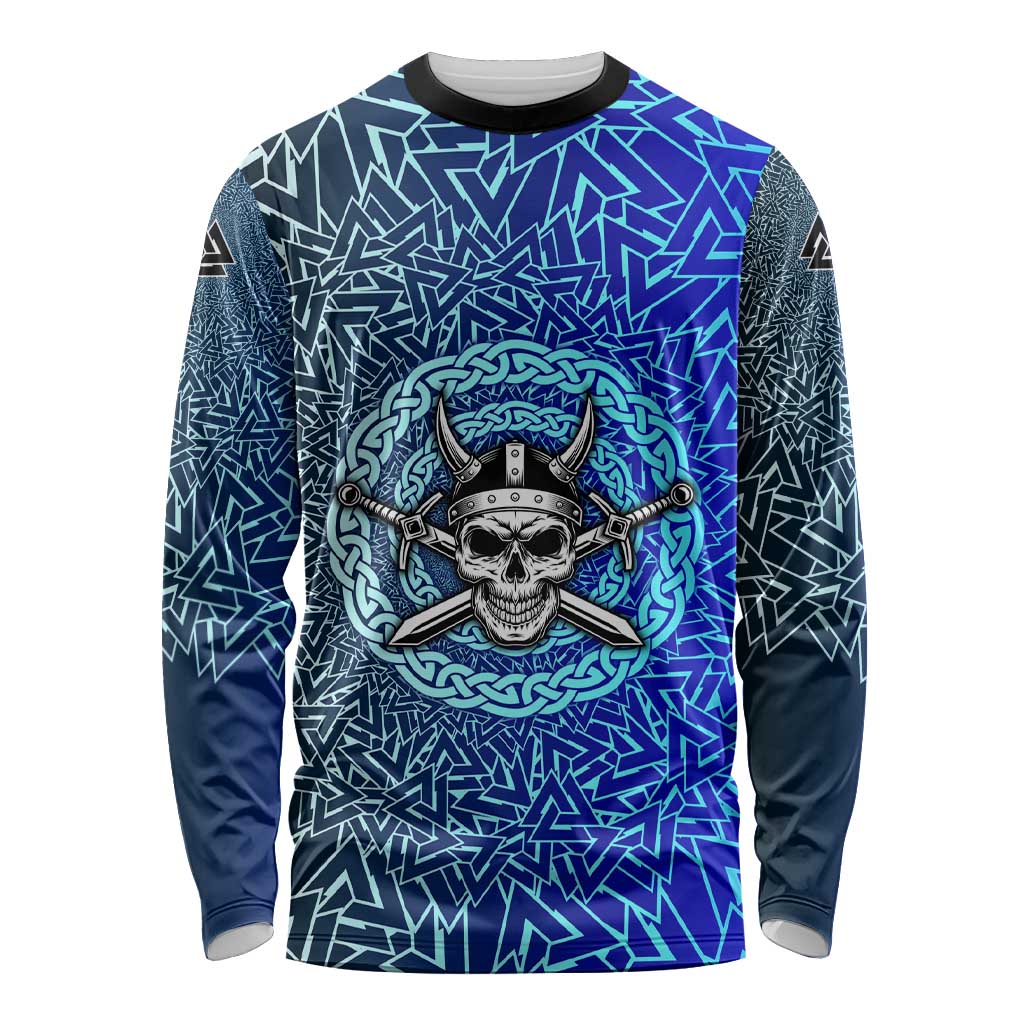 Viking Skull Long Sleeve Shirt with Horned Helmet and Swords Nordic Warrior Tribute - Wonder Print Shop