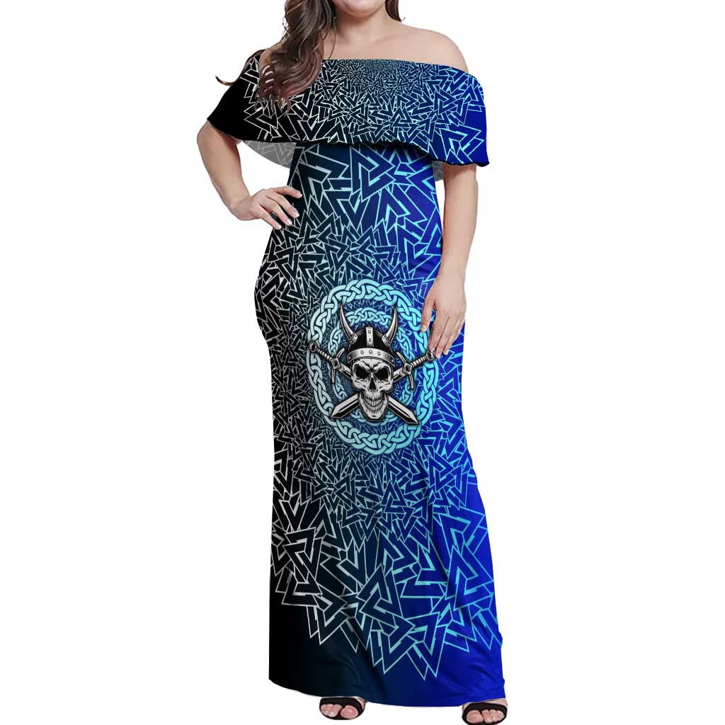 Viking Skull Off Shoulder Maxi Dress with Horned Helmet and Swords Nordic Warrior Tribute - Wonder Print Shop