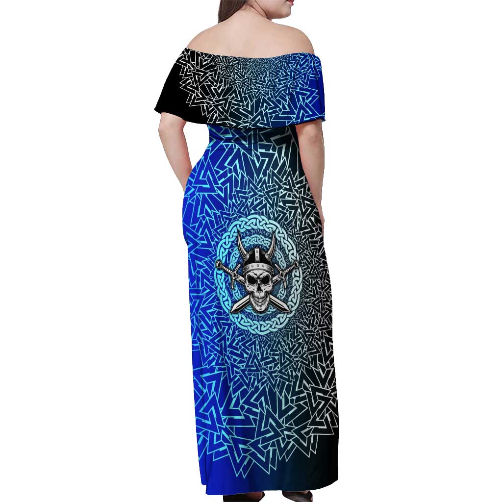 Viking Skull Off Shoulder Maxi Dress with Horned Helmet and Swords Nordic Warrior Tribute - Wonder Print Shop