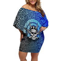 Viking Skull Off Shoulder Short Dress with Horned Helmet and Swords Nordic Warrior Tribute - Wonder Print Shop