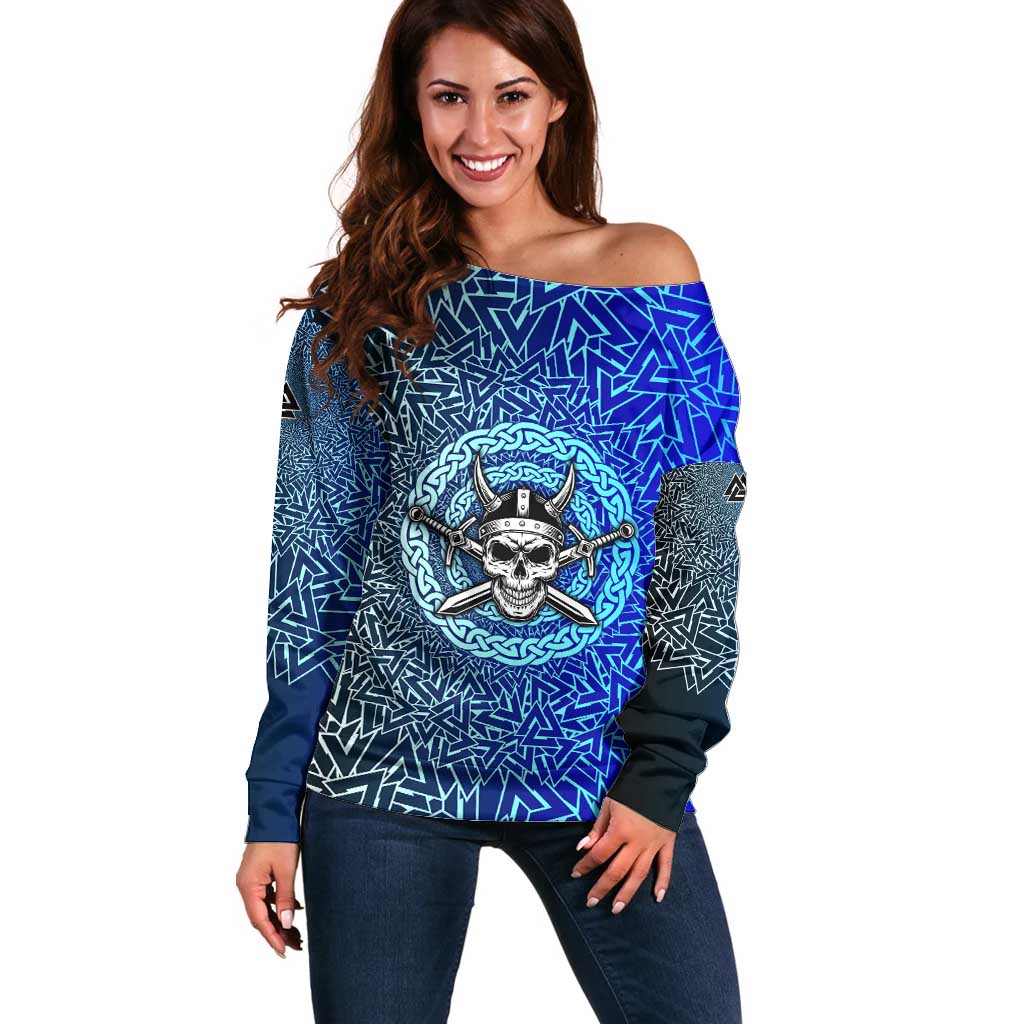 Viking Skull Off Shoulder Sweater with Horned Helmet and Swords Nordic Warrior Tribute - Wonder Print Shop