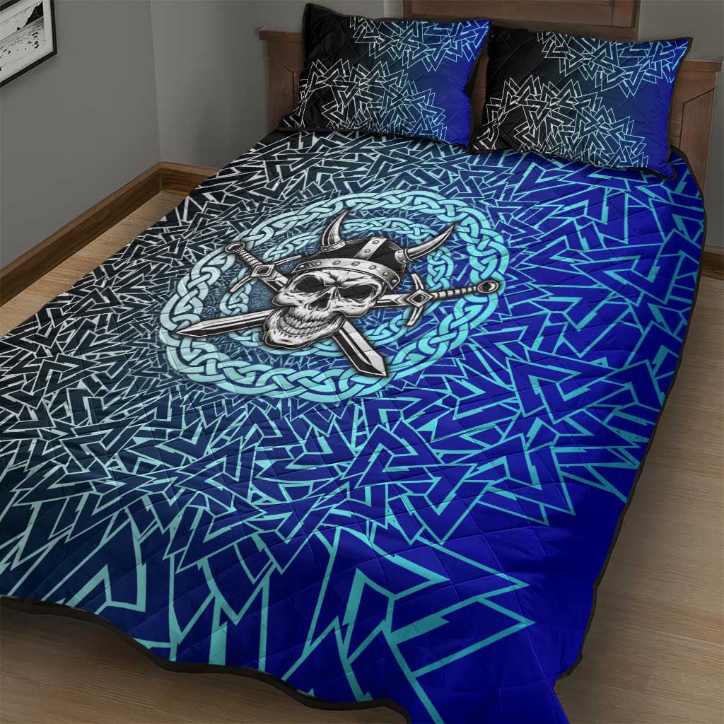 Viking Skull Quilt Bed Set with Horned Helmet and Swords Nordic Warrior Tribute - Wonder Print Shop