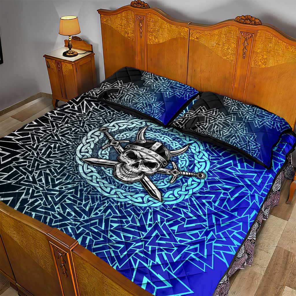 Viking Skull Quilt Bed Set with Horned Helmet and Swords Nordic Warrior Tribute - Wonder Print Shop