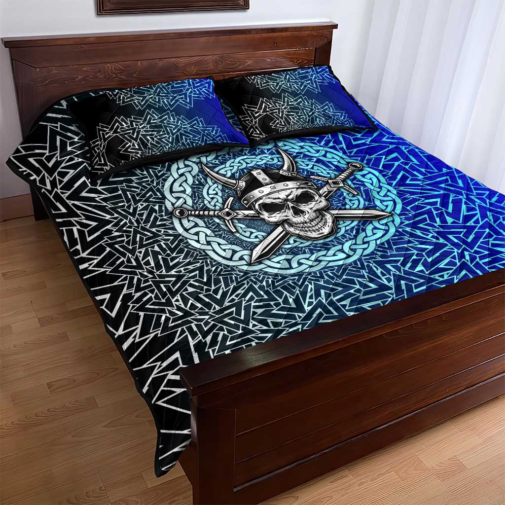 Viking Skull Quilt Bed Set with Horned Helmet and Swords Nordic Warrior Tribute - Wonder Print Shop