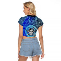 Viking Skull Raglan Cropped T Shirt with Horned Helmet and Swords Nordic Warrior Tribute - Wonder Print Shop