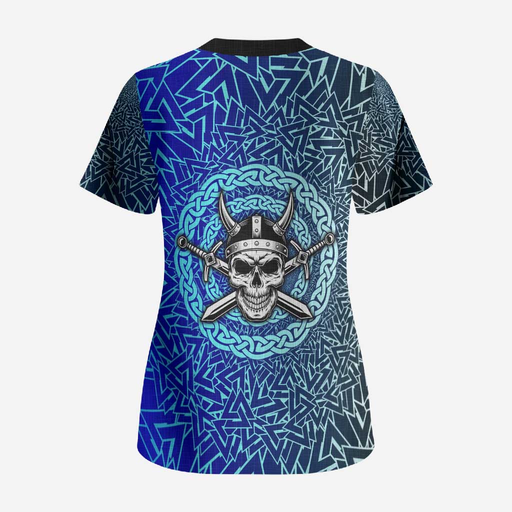 Viking Skull Scrub Top with Horned Helmet and Swords Nordic Warrior Tribute - Wonder Print Shop