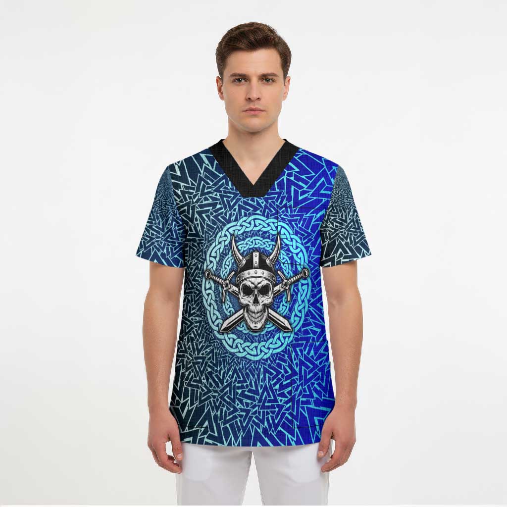 Viking Skull Scrub Top with Horned Helmet and Swords Nordic Warrior Tribute - Wonder Print Shop