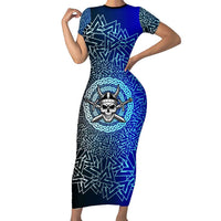 Viking Skull Short Sleeve Bodycon Dress with Horned Helmet and Swords Nordic Warrior Tribute - Wonder Print Shop