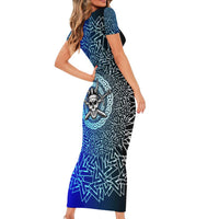 Viking Skull Short Sleeve Bodycon Dress with Horned Helmet and Swords Nordic Warrior Tribute - Wonder Print Shop