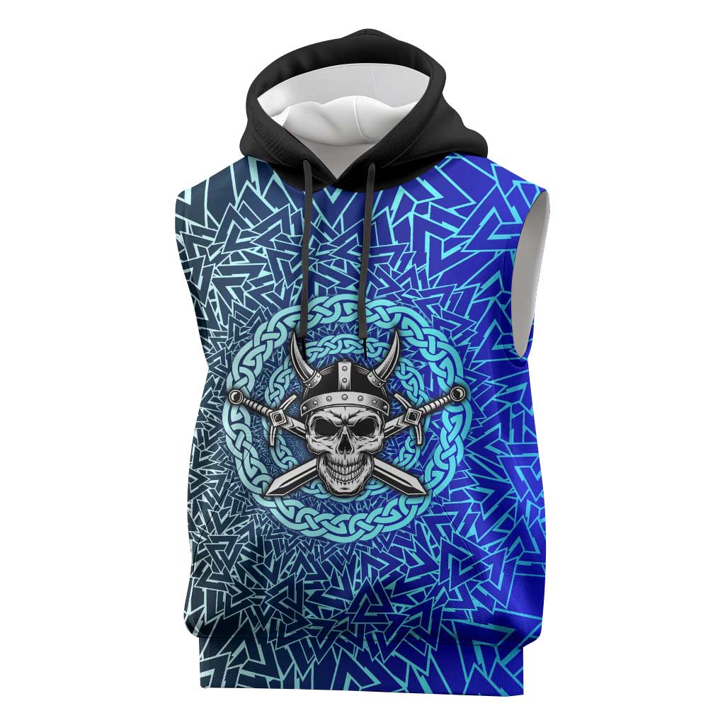 Viking Skull Sleeveless Hoodie with Horned Helmet and Swords Nordic Warrior Tribute - Wonder Print Shop