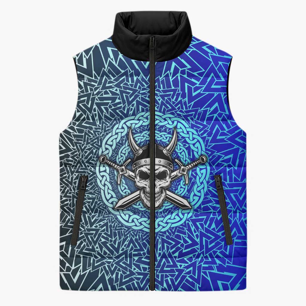 Viking Skull Sleeveless Puffer Jacket with Horned Helmet and Swords Nordic Warrior Tribute - Wonder Print Shop