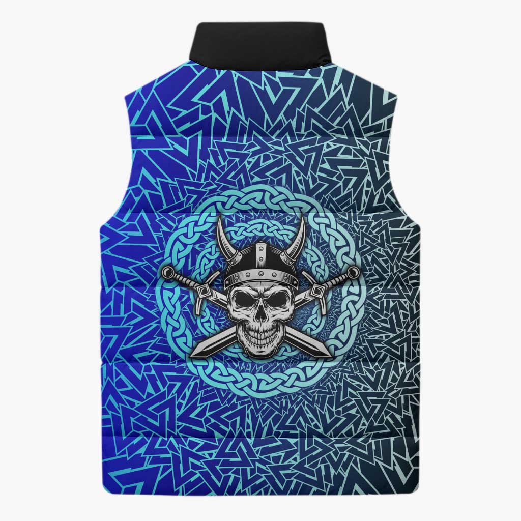Viking Skull Sleeveless Puffer Jacket with Horned Helmet and Swords Nordic Warrior Tribute - Wonder Print Shop