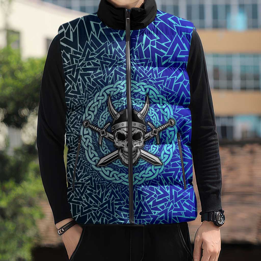 Viking Skull Sleeveless Puffer Jacket with Horned Helmet and Swords Nordic Warrior Tribute - Wonder Print Shop